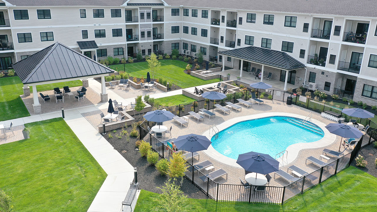 Montage pool, fire pit, and pavilion